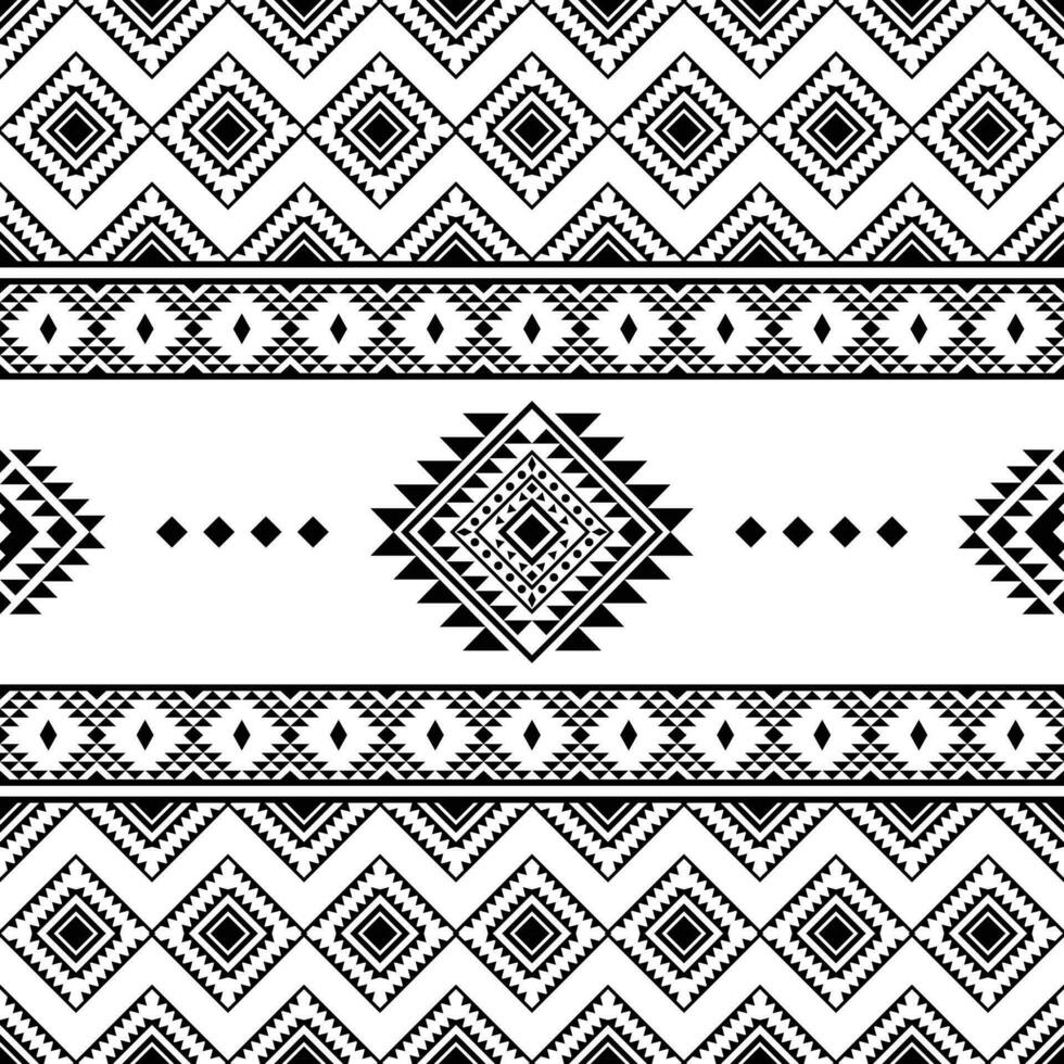 Seamless geometric backdrop with Aztec and Navajo tribal motifs. Ethnic contemporary pattern design for fabric template and shirt. Black and white color. vector