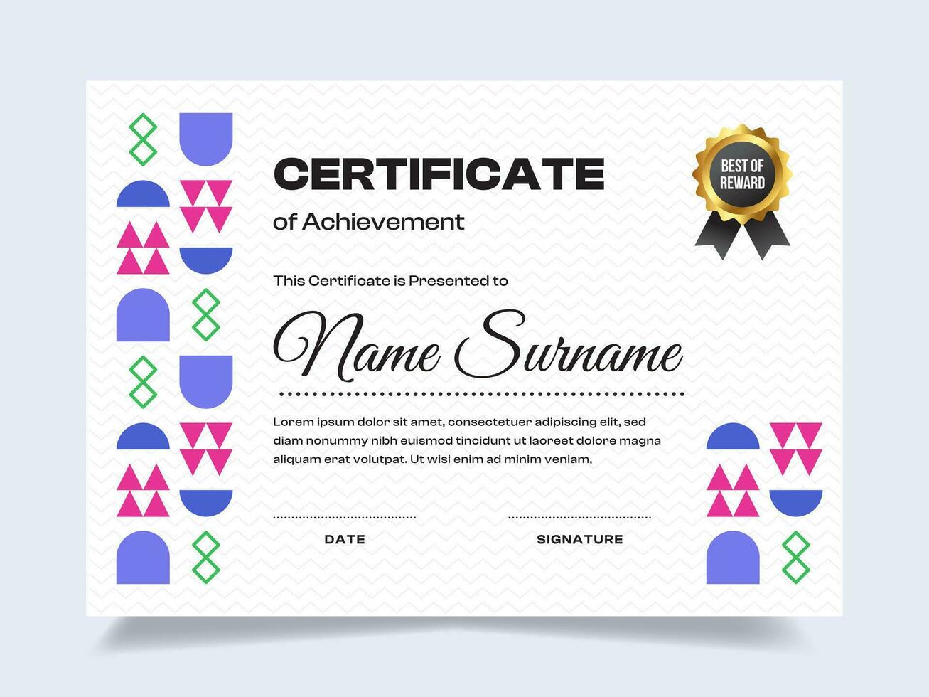 Memphis certificate of achievement template with gold badge. Modern certificate vector. Perfect for employee awards. vector
