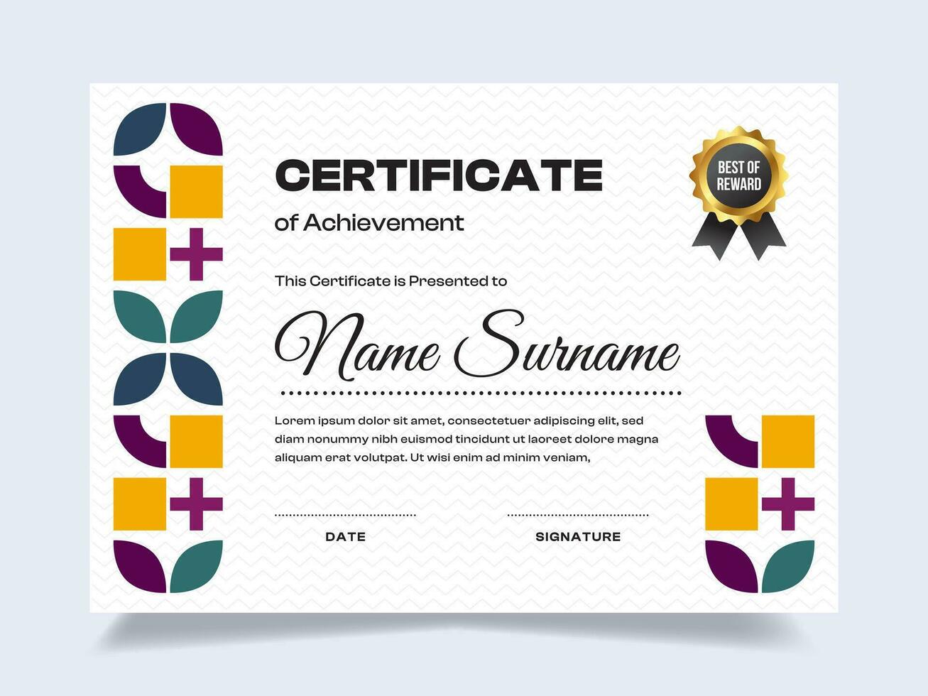 Memphis certificate of achievement template with gold badge. Modern certificate vector. Perfect for employee awards. vector