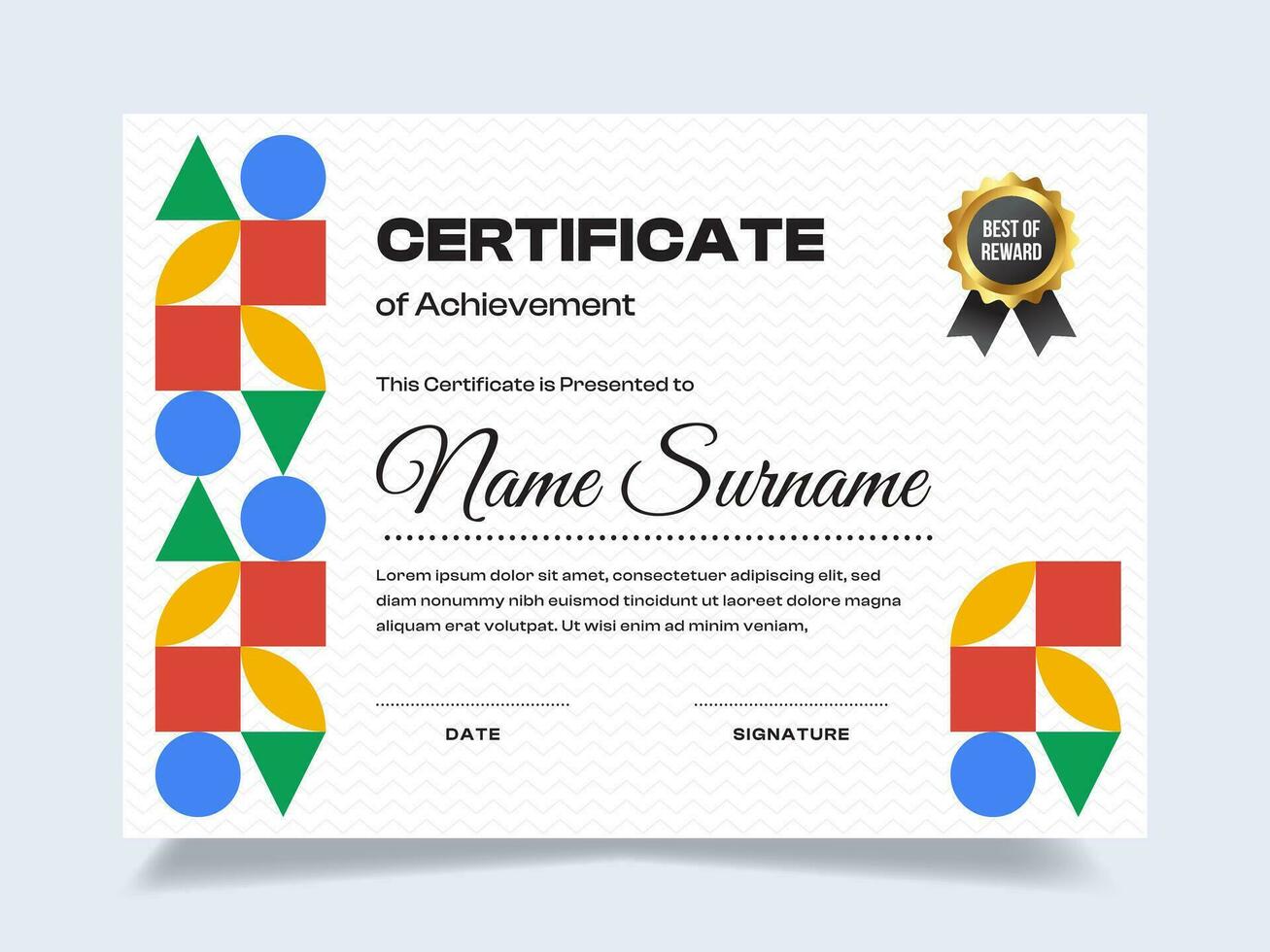 Memphis certificate of achievement template with gold badge. Modern certificate vector. Perfect for employee awards. vector