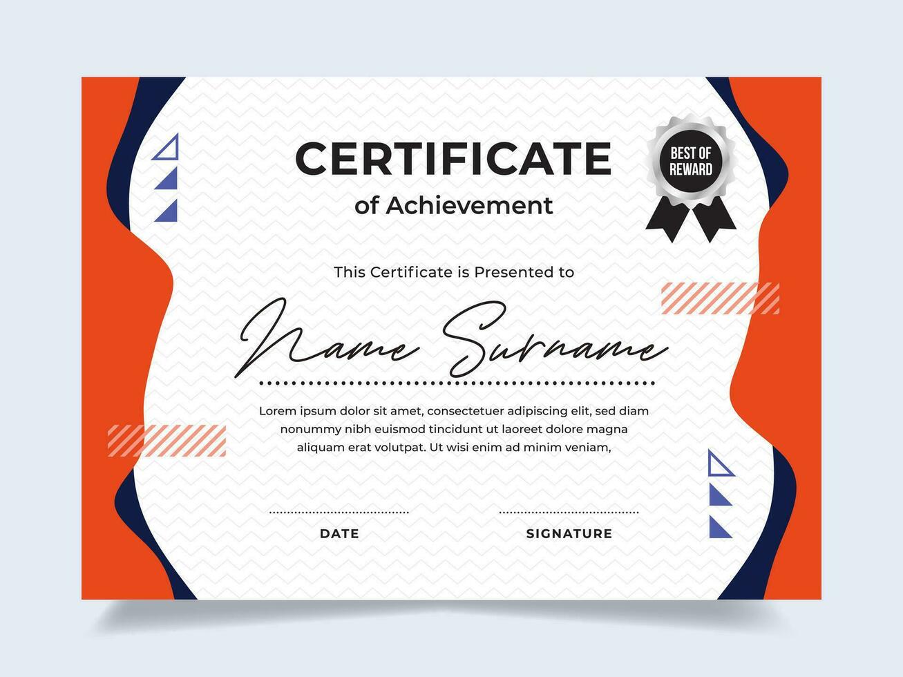 Flat fluid certificate of achievement template with silver badge. Modern certificate vector. Perfect for employee awards. vector