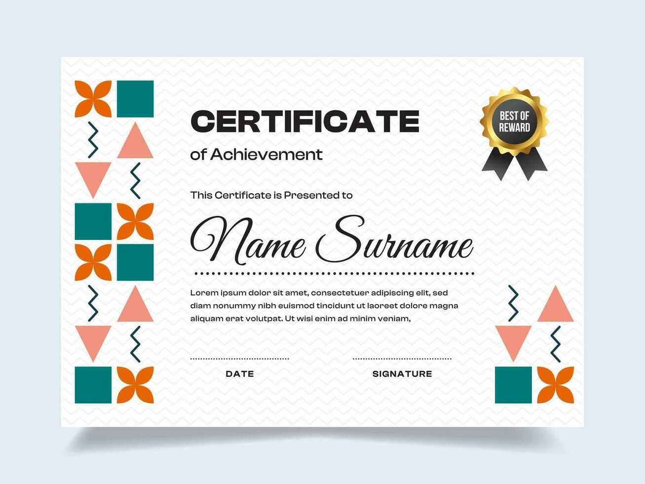 Memphis certificate of achievement template with gold badge. Modern certificate vector. Perfect for employee awards. vector