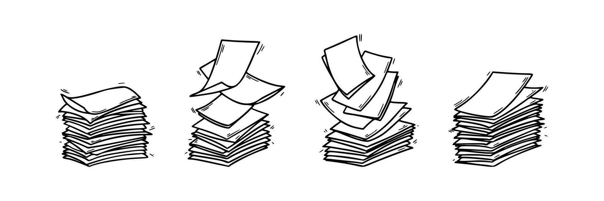 Set of stack of paper pages line art. Blank sheets. Hand drawn doodle vector illustration. Doodle paper heap. Contract document pile