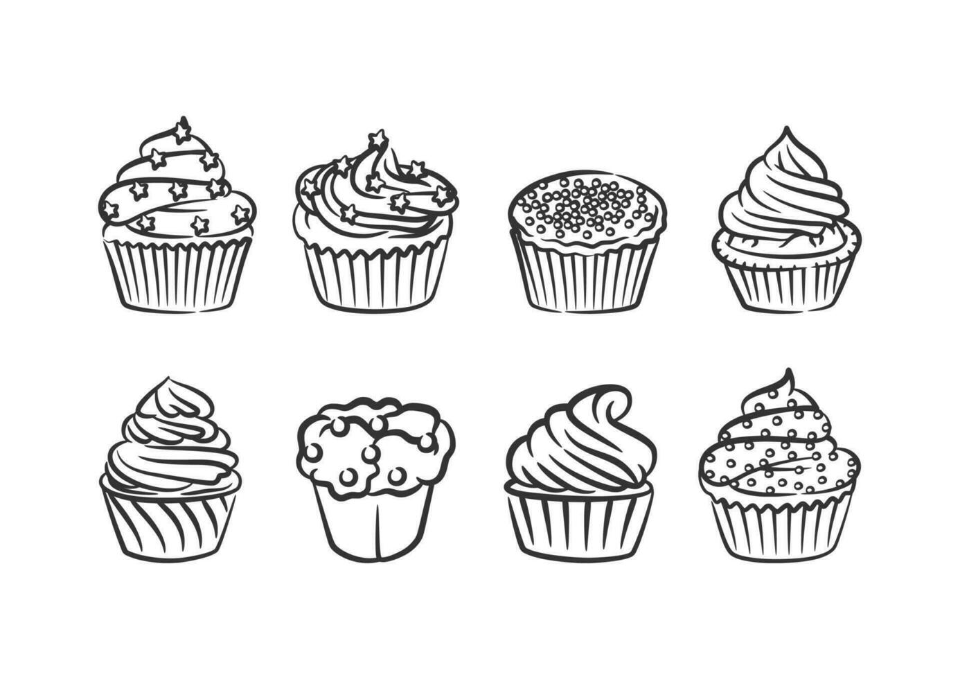 Cupcake line art hand drawn style collection doodle drawing black and white vector