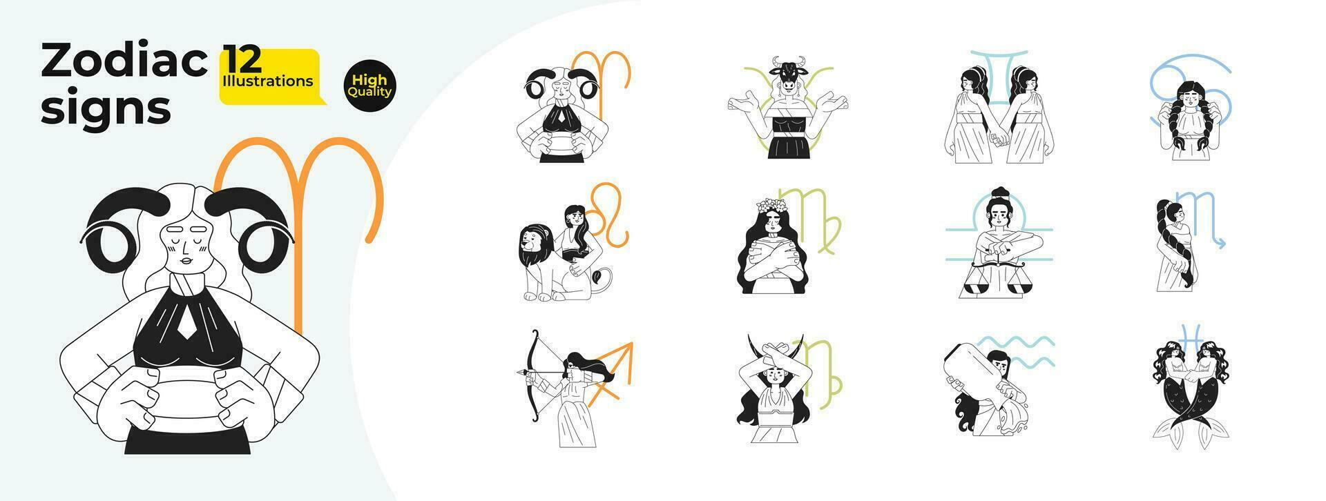 Zodiac signs monochrome concept vector spot illustrations bundle. Woman horoscope symbols 2D flat bw cartoon characters for web UI design. Astrology isolated editable hand drawn hero images collection