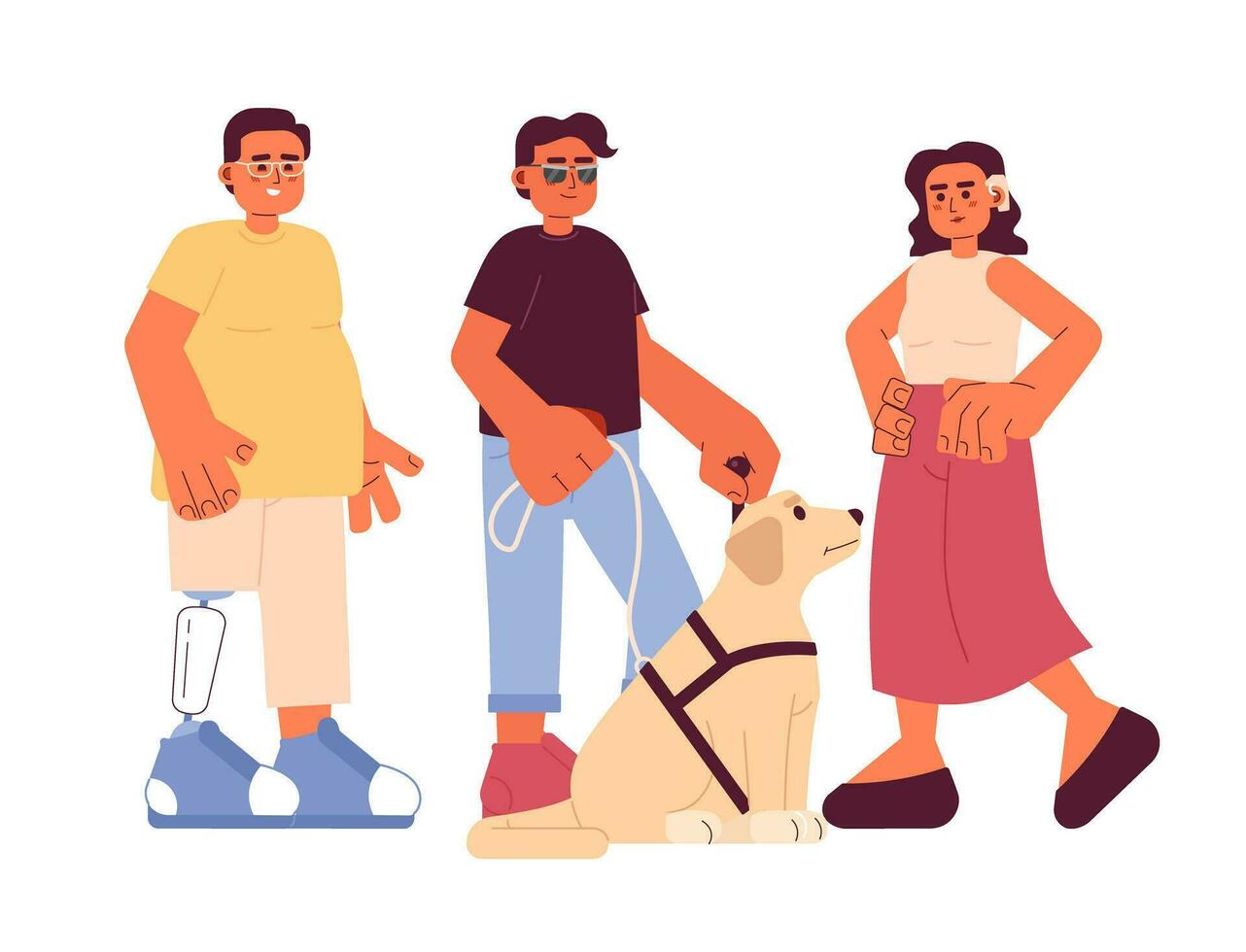 Disabilities diversity cartoon flat illustration. Blind man with guide dog, man prosthetic leg, hearing aid woman 2D characters isolated on white background. Inclusion scene vector color image