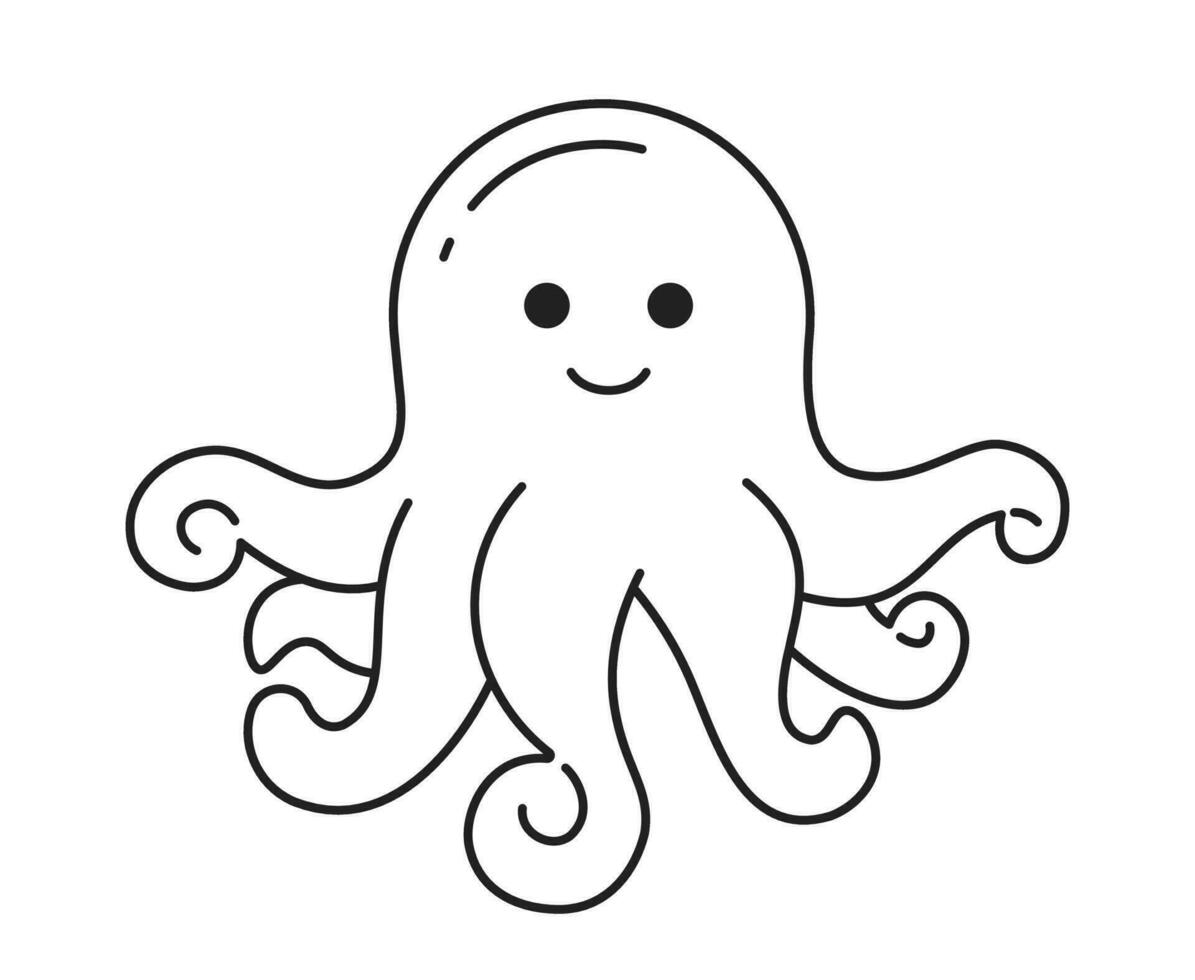 adorable pulpo bebé con rizado tentáculos monocromo plano vector personaje. submarino Oceano criatura. editable Delgado línea lleno cuerpo personaje en blanco. sencillo bw dibujos animados Mancha imagen para web diseño