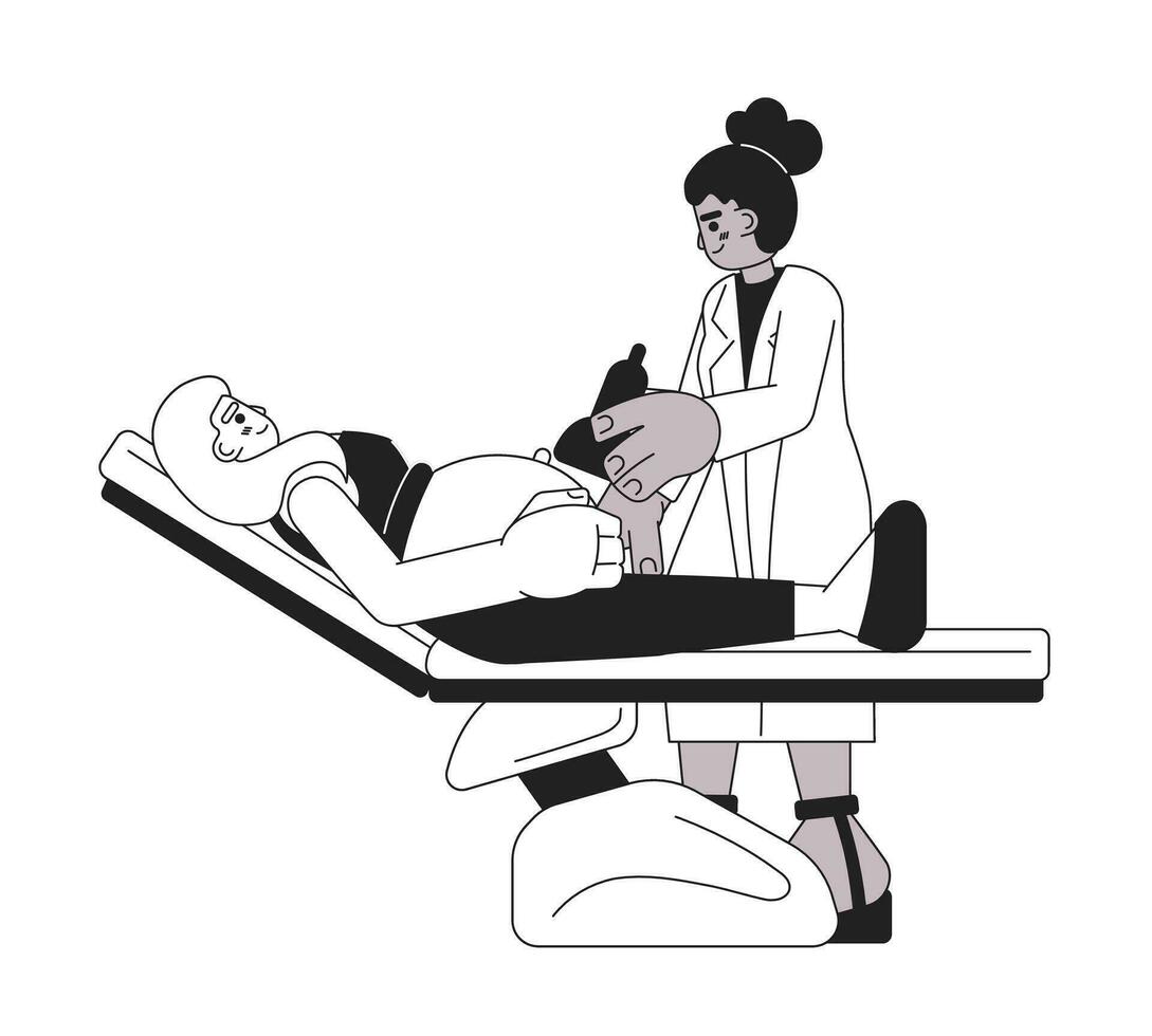 Pregnant woman examination monochromatic flat vector character. Female doctor ultrasound screening. Editable thin line full body person on white. Simple bw cartoon spot image for web graphic design
