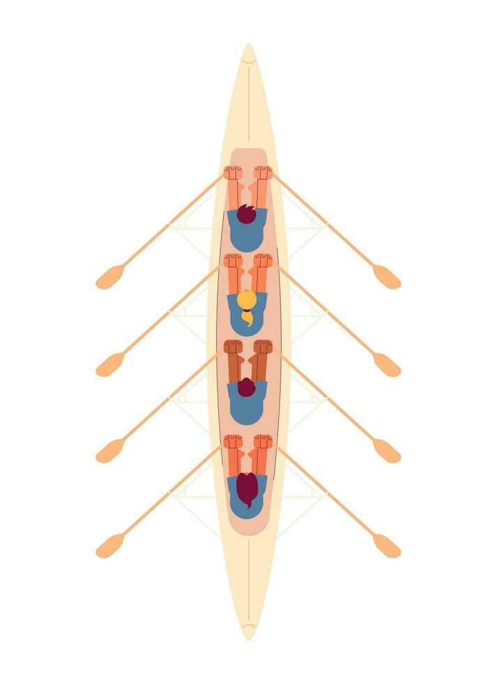 Team kayaking sport flat concept vector spot illustration. People rowing in wooden boat top view. Competition 2D cartoon characters on white for web UI design. Isolated editable creative hero image