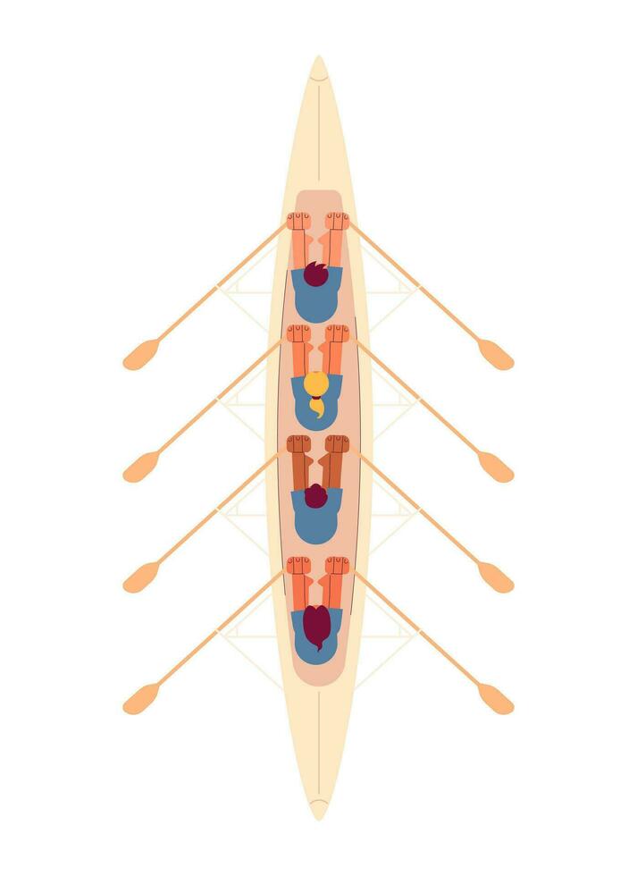 Team kayaking sport flat concept vector spot illustration. People rowing in wooden boat top view. Competition 2D cartoon characters on white for web UI design. Isolated editable creative hero image