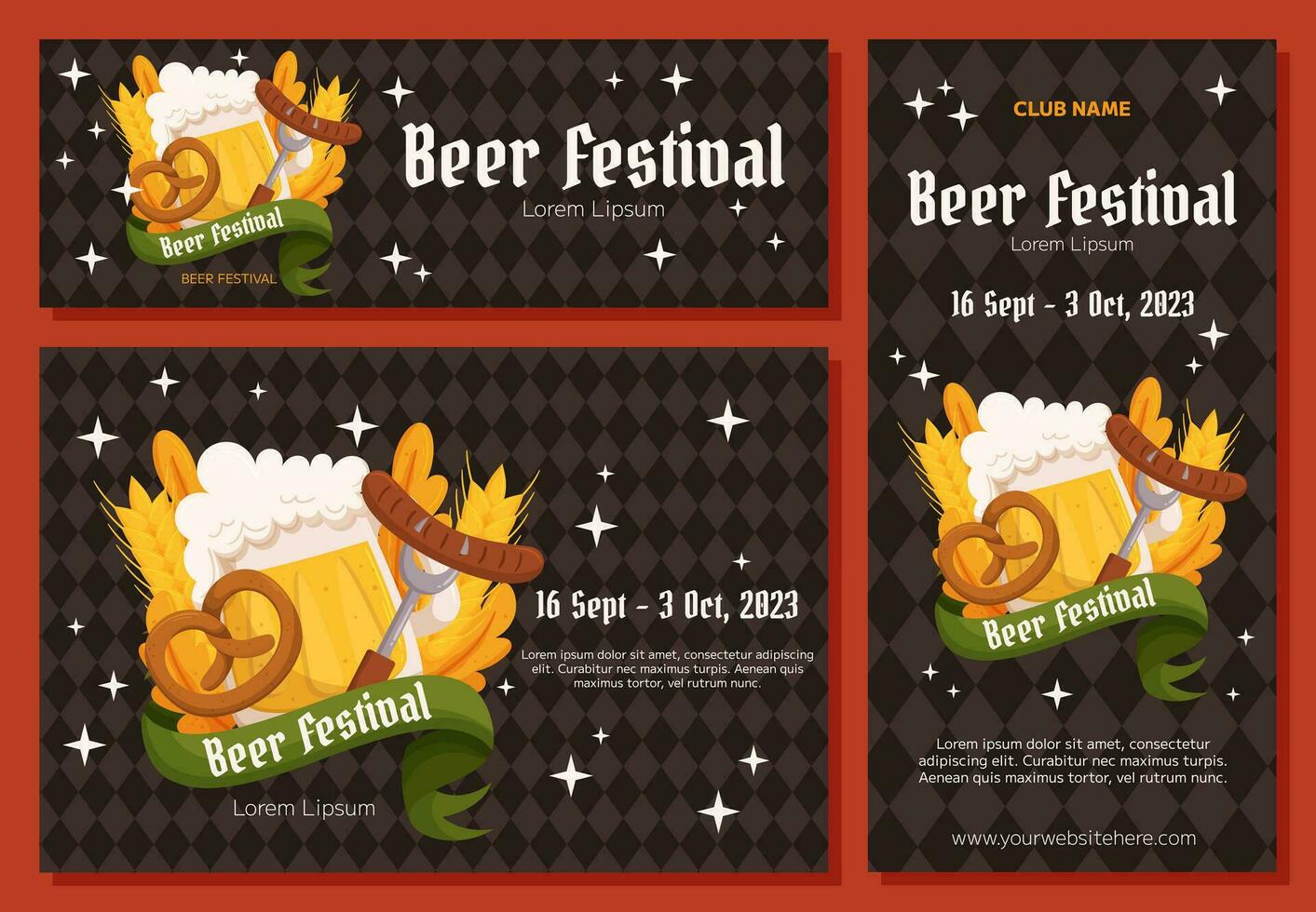 German beer festival background, vertical and horizontal banner collection. Design with glass of beer, pretzel and fork with sausage, wheat and leaves. Rhombus pattern on back vector