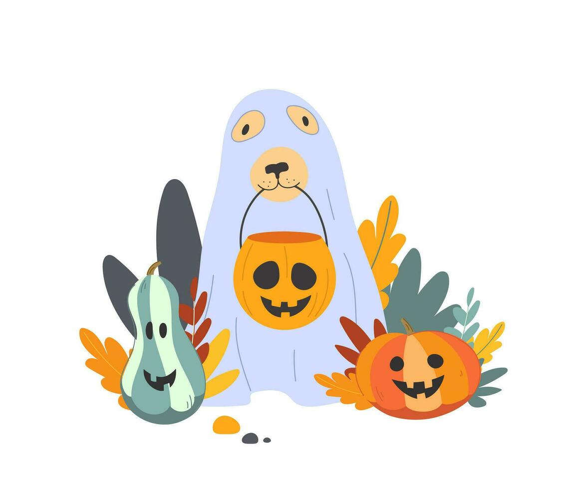 Vector Halloween illustration with a dog dressed like a ghost and two jack o lanterns on the white background.