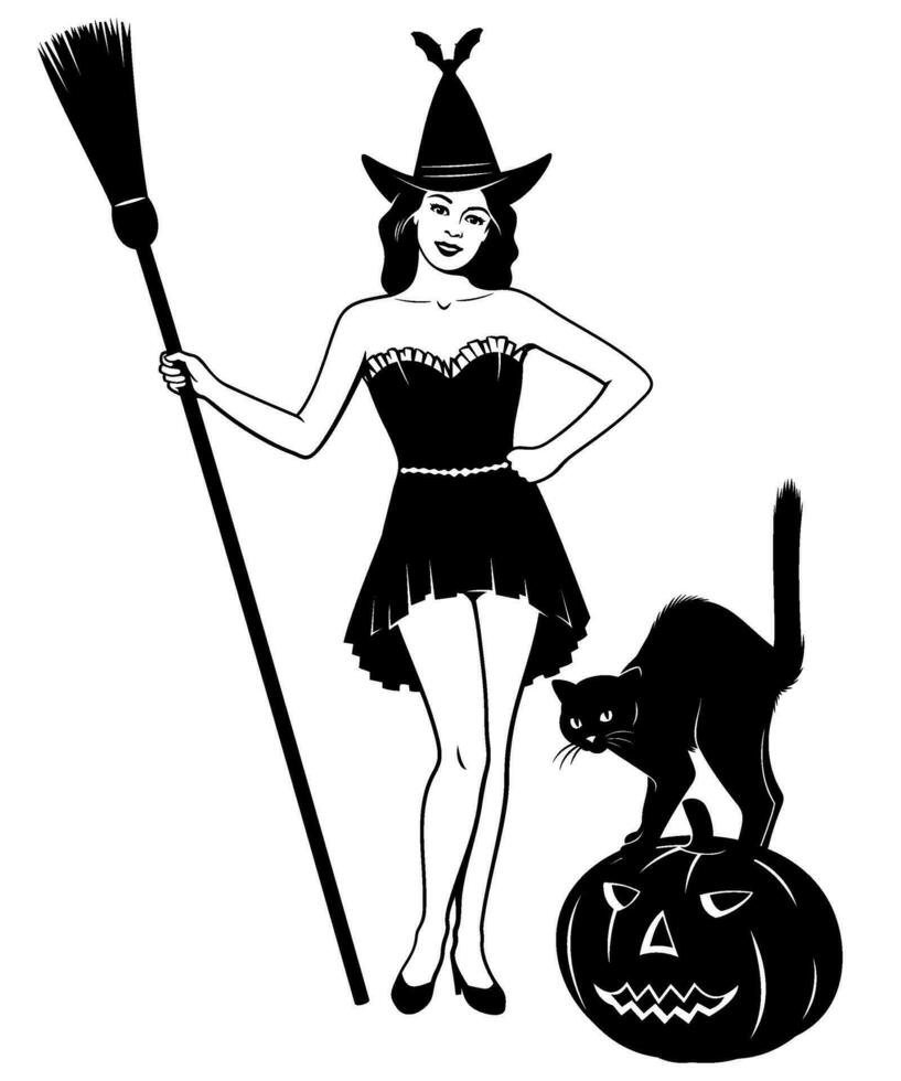 Young Halloween Witch standing with broomstick, cat and pumpkin. Black and white Ink style vector clipart. All figures are separate objects.