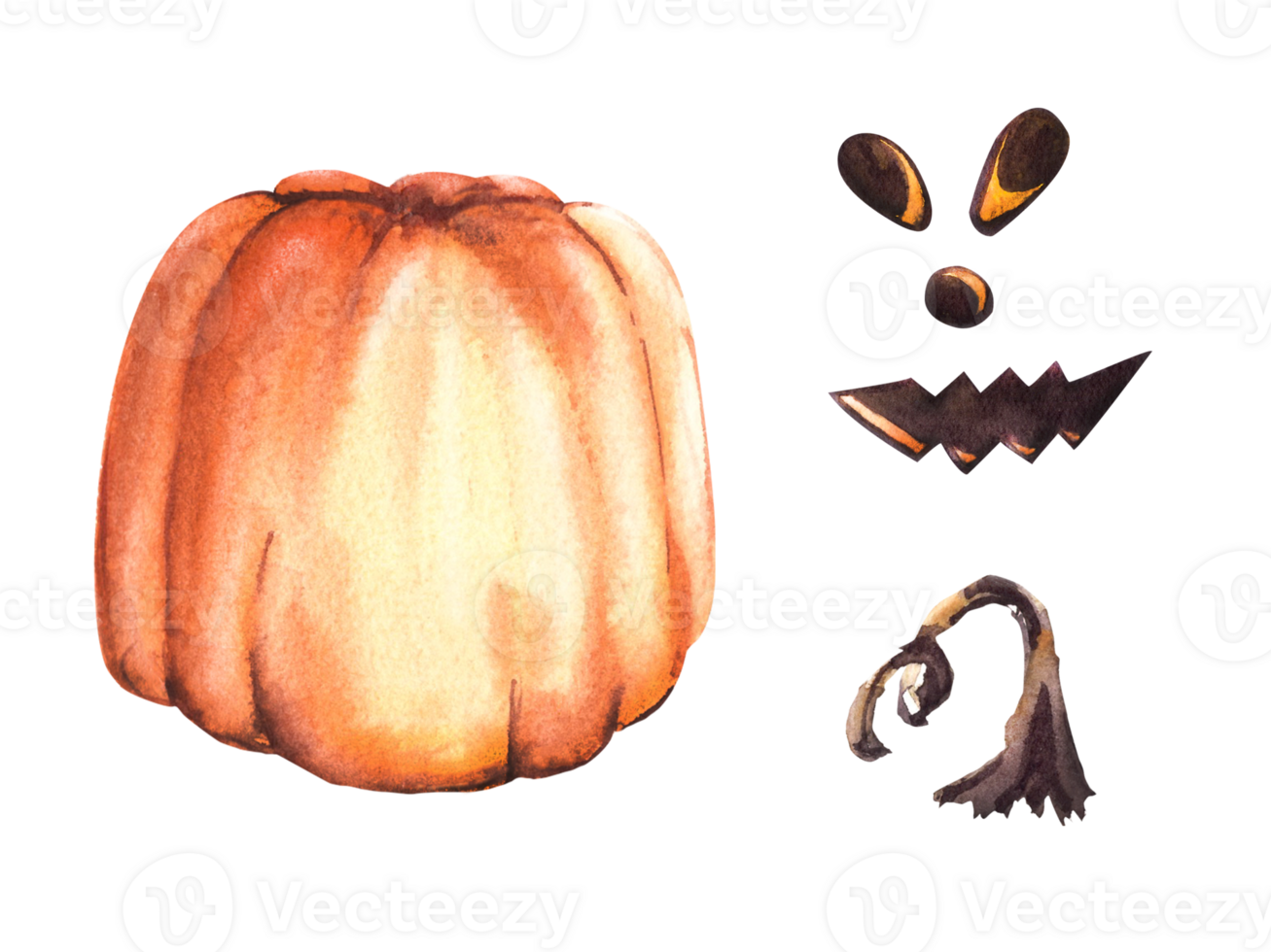 rolig läskigt halloween design uppsättning, montera den själv. Allt delar separat, ögon, näsa, leende, orange-gul pumpa och pumpa stam. vattenfärg illustration png