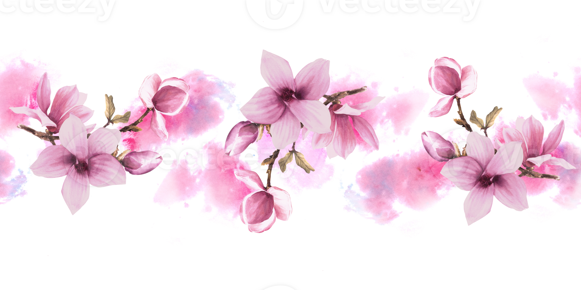 bloem naadloos grens patroon. hand- geschilderd illustratie van Purper magnolia tak met roze waterverf vlekken.horizontaal herhalen grens, banier, behang, omhulsel papier. png