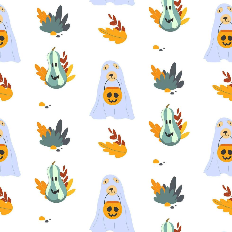 Cute seamless Halloween pattern with a ghost dog and a jack o lantern. Vector Halloween pattern.