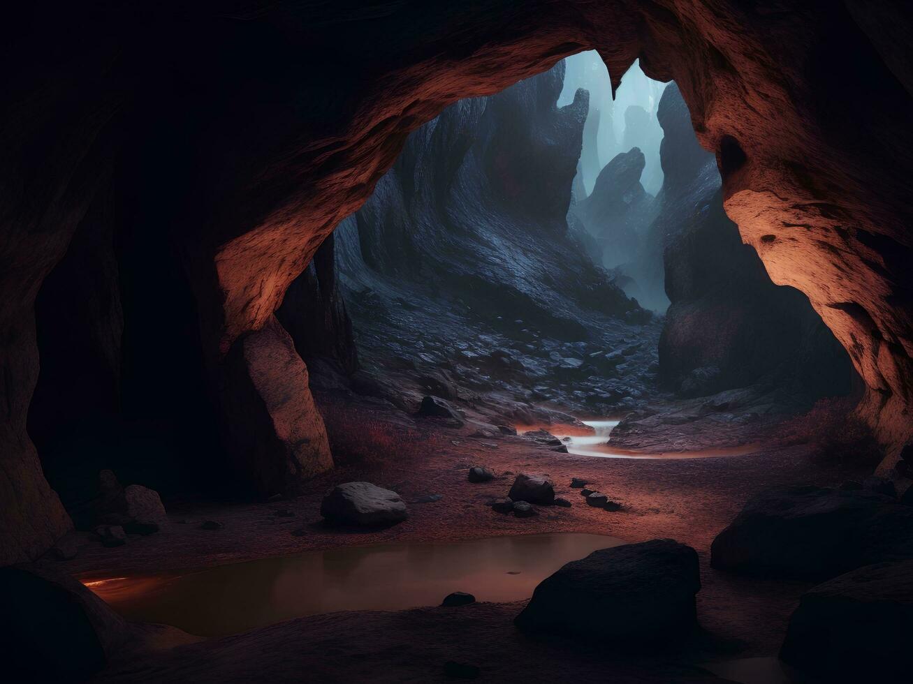 magic landscape inside cave, dark color, realistic photo,breath taking, sharp lense, professional photographic, 70mm lense, detail love, good quality,wallpaper, colorful, highly detailed photo