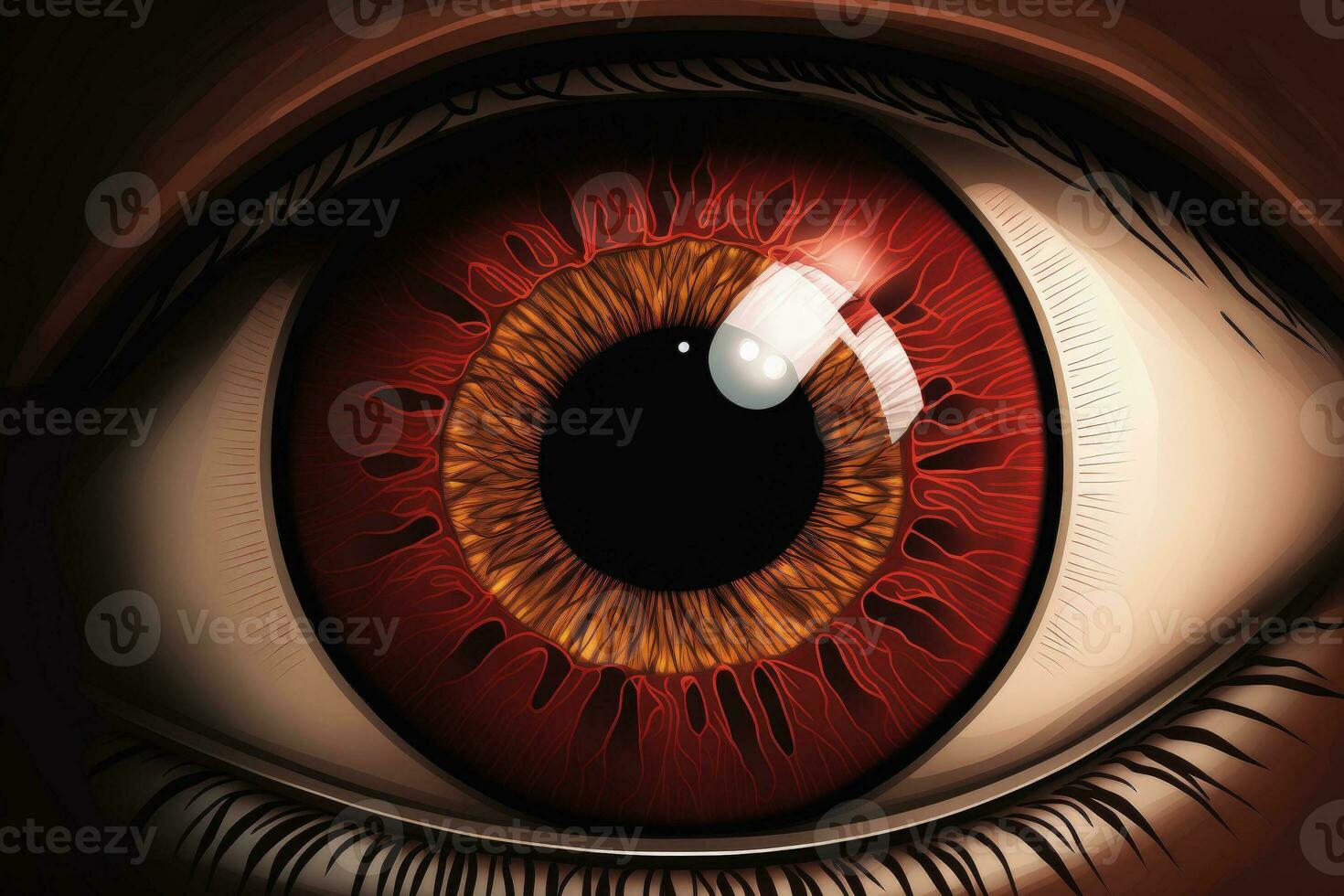 A brown mature human eye with little red veins is shown in a close up. Health photo
