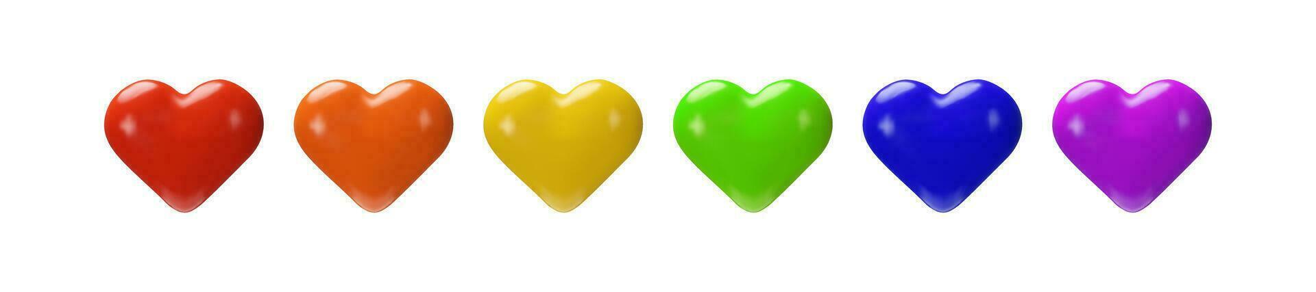 3D render colorful lgbt rainbow hearts. Realistic symbol of homosexual community. Flag of love in Pride month. Vector illustration of support diversity of genders, transgenders, bisexual, gay, lesbian