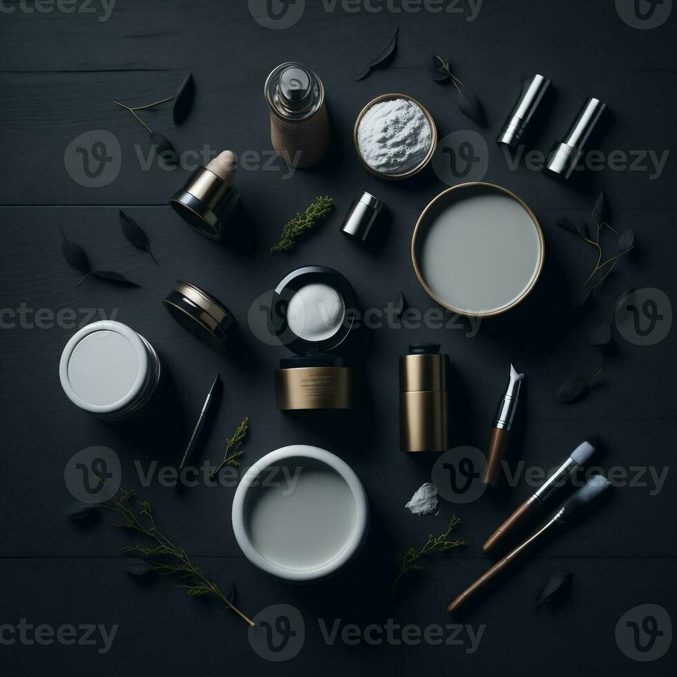 Make up brushes and powder, cosmetics products on dark wooden background. Cosmetic items, Makeup products photo