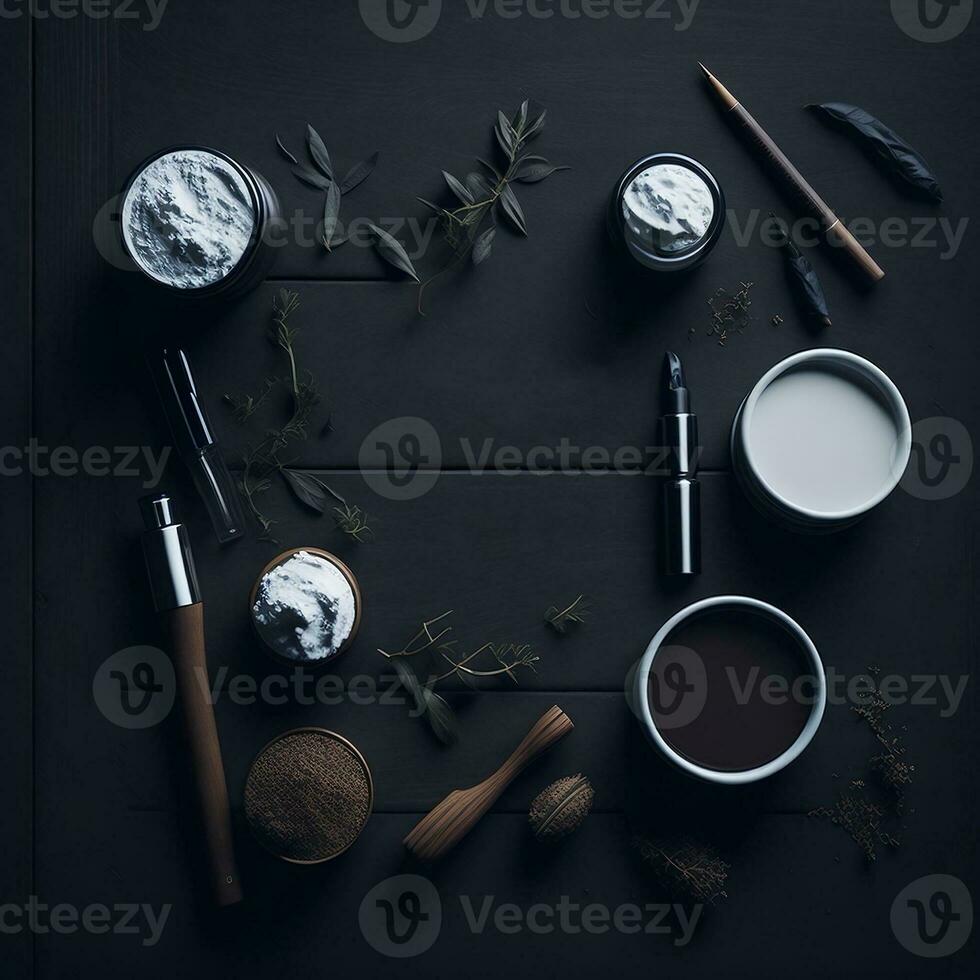 Make up brushes and powder, cosmetics products on dark wooden background. Cosmetic items, Makeup products photo