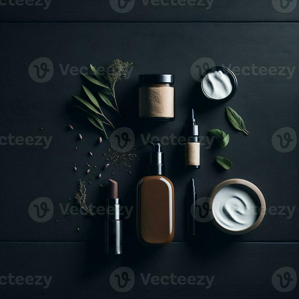 Make up brushes and powder, cosmetics products on dark wooden background. Cosmetic items, Makeup products photo