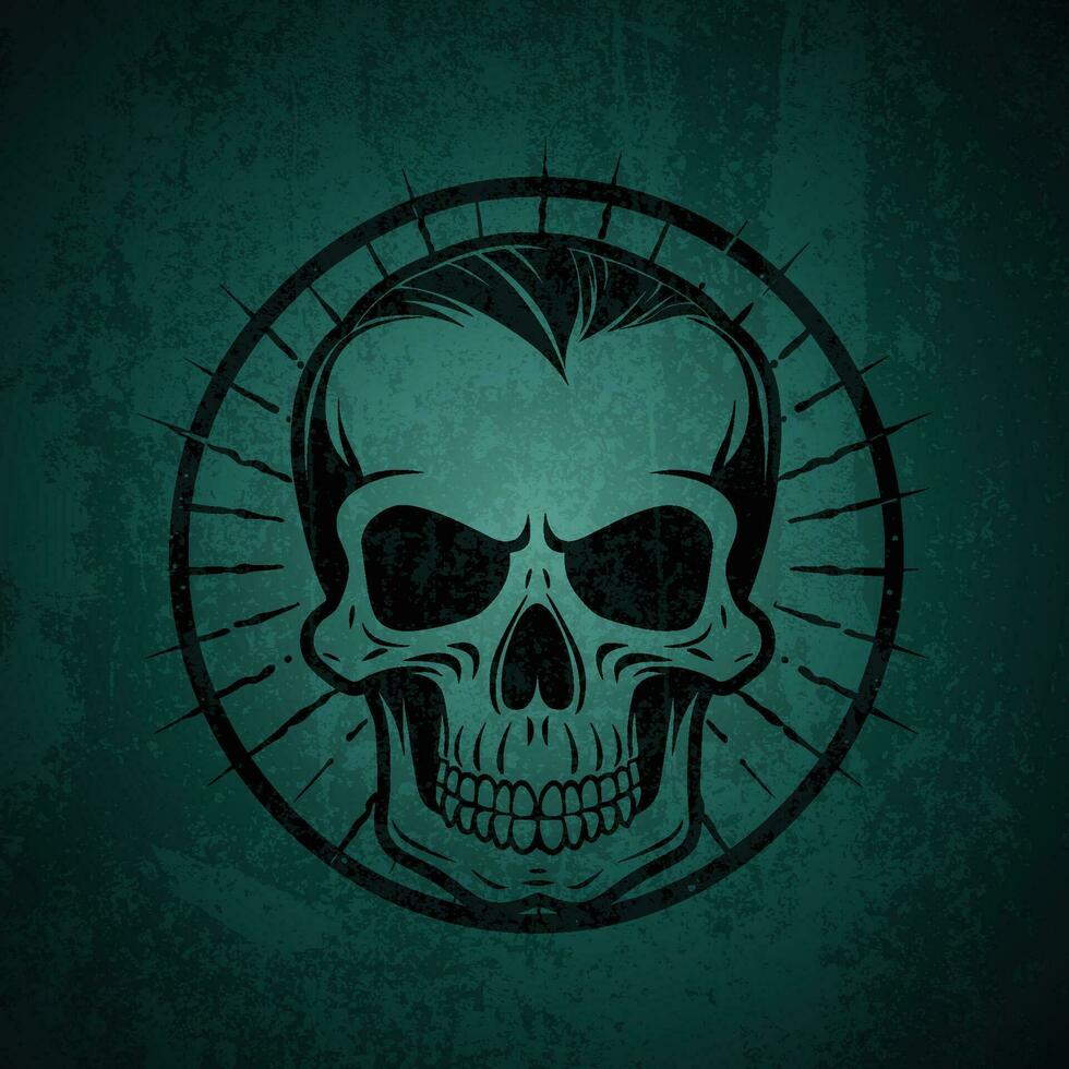 A grinning skull in a spoked wheel on a dark background vector