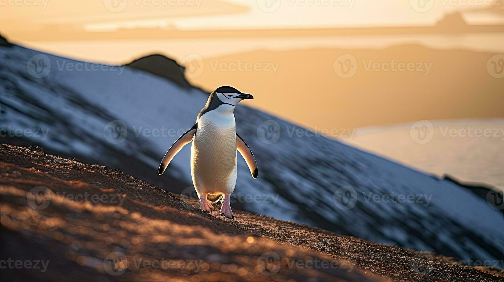 A Chinstrap Penguin walks precariously along the ridge of Bailey Head on Deception Island in Antarctica, high above the icy ocean below. Generative Ai photo