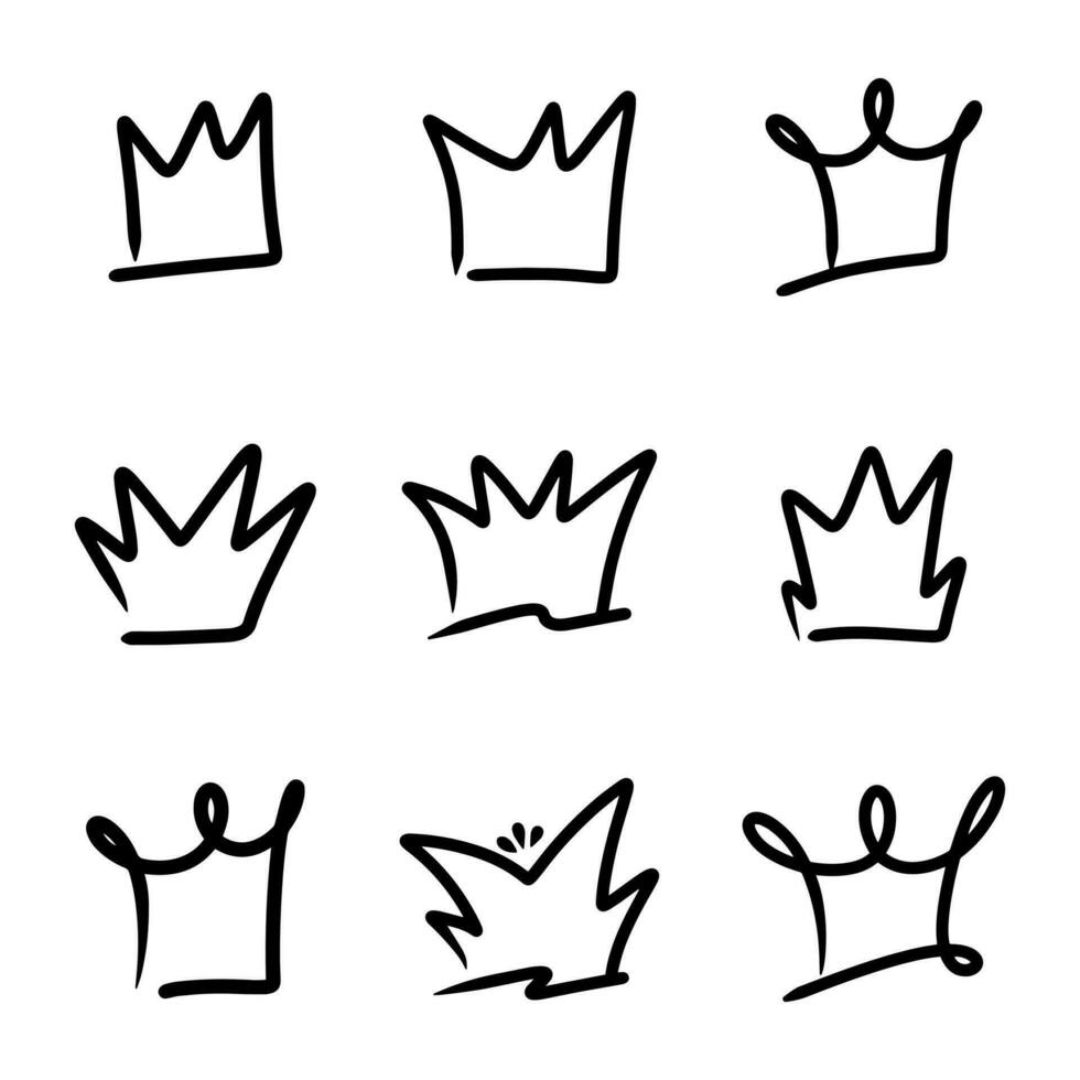 Doodle set crown line art, vector illustration.