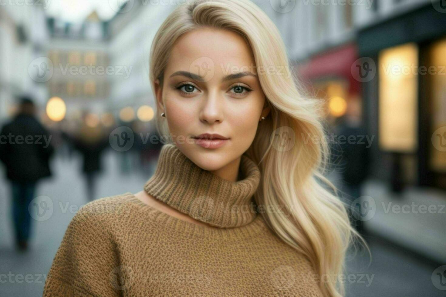 hermosa mujer en un suéter en el calle. Pro foto