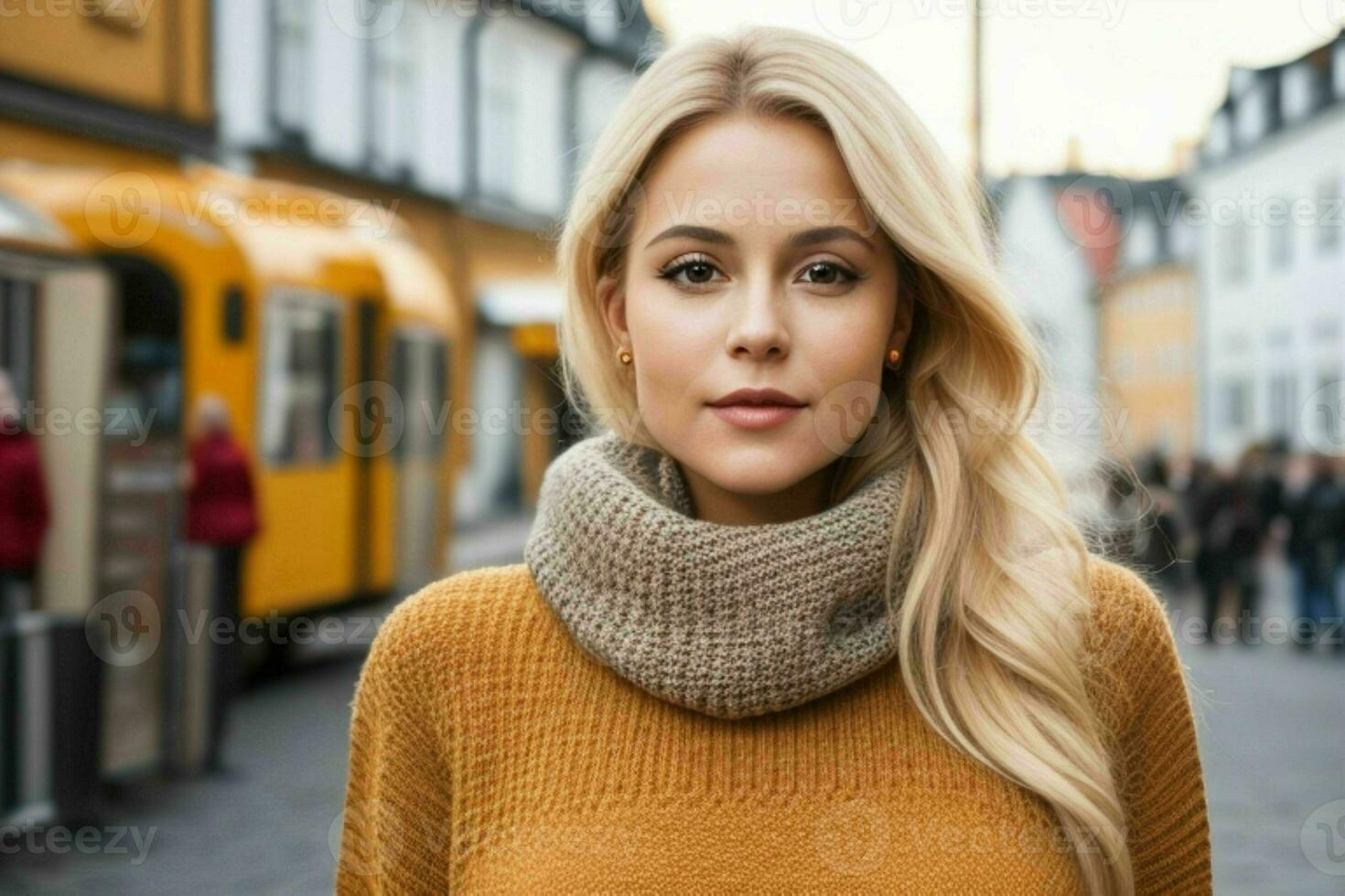 Beautiful woman in a sweater on the street. Pro Photo