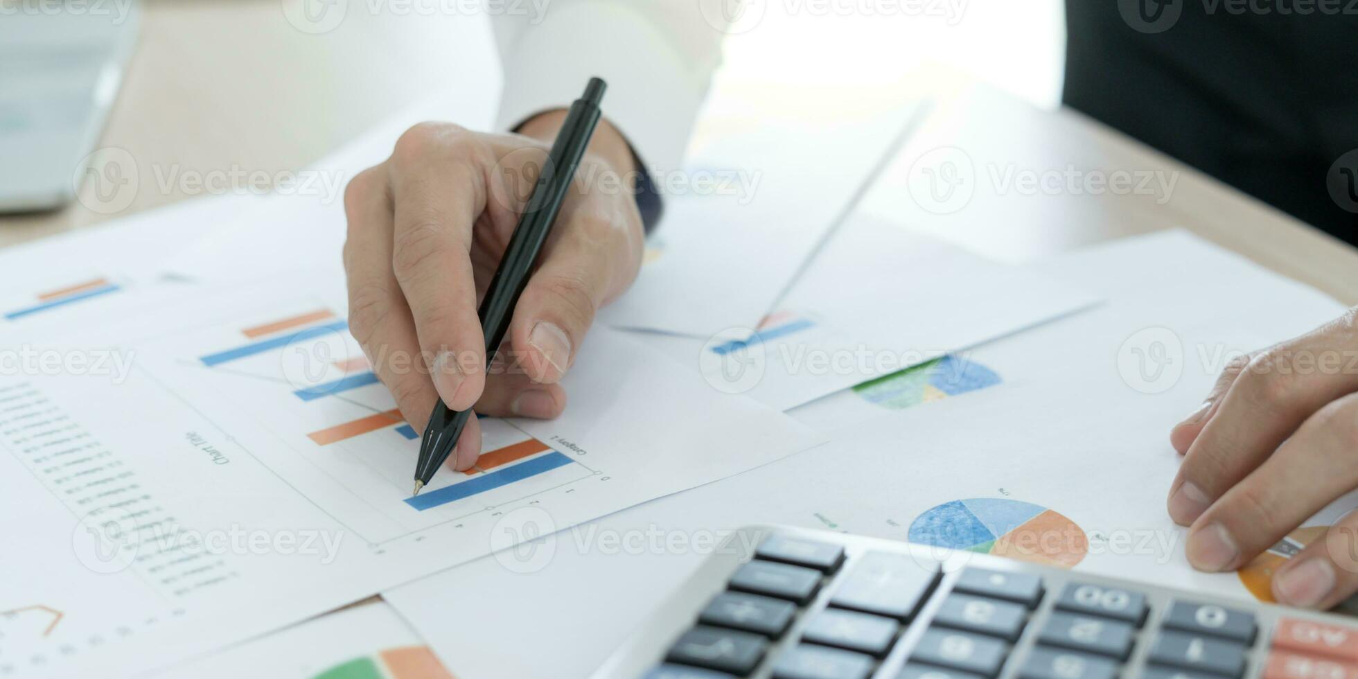 Business men calculate benefit, spreadsheets, graph financial development, bank accounts, statistics, economy, data analysis, investment analysis, stock exchange,Interest rates, income photo