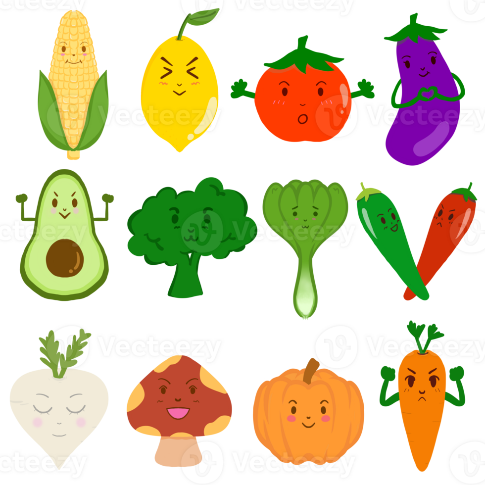 12 vegetable set collection cartoon icons illustration with cute face isolated png