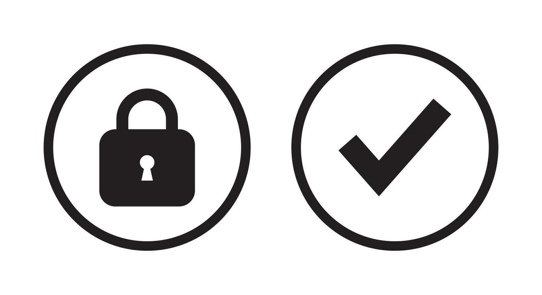 Lock and check mark icon vector in circle line. Padlock and checkmark sign symbol