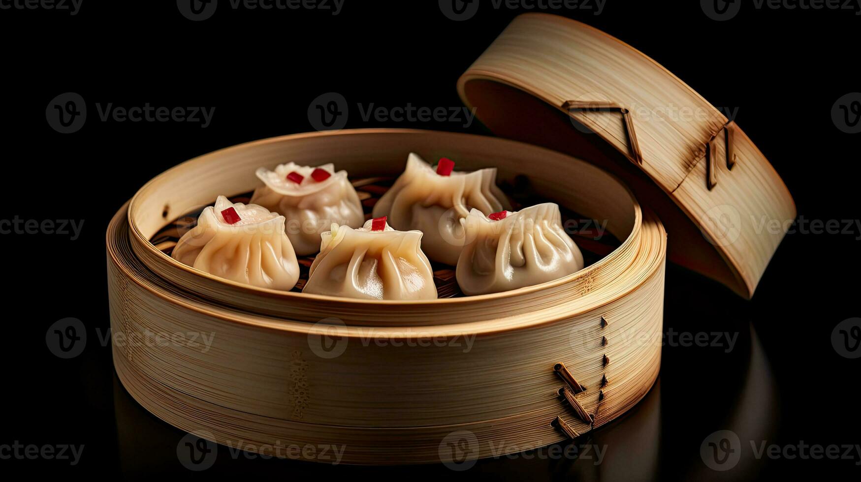 Bamboo container with chines dumplings Generative AI photo