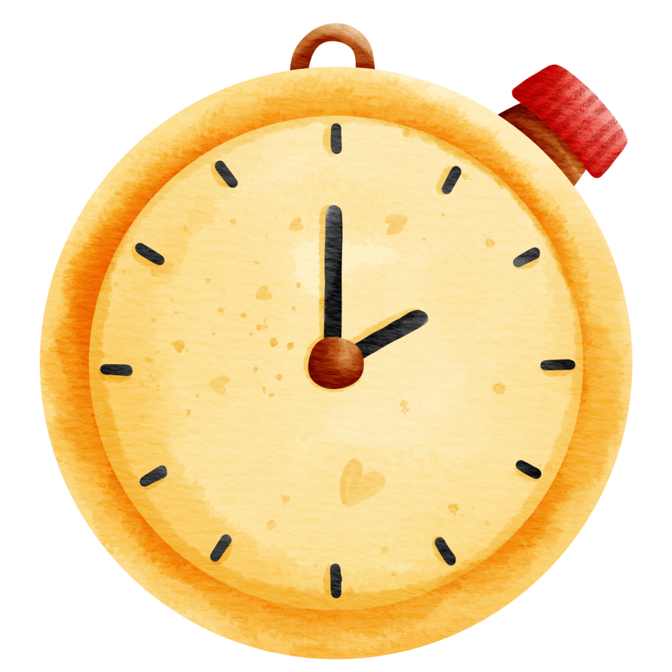 Isolated cute yellow stopwatch with red button in watercolor style and transparent background png