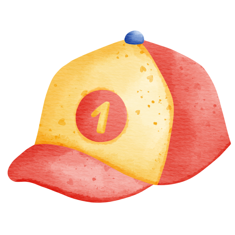 Isolated cute and colorful baseball cap hat with front number 1 in watercolor style and transparent background png
