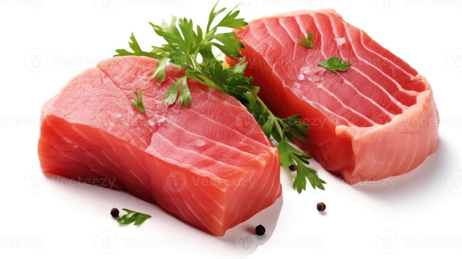 Fresh tuna fish fillet steaks garnished with parsley isolated on white