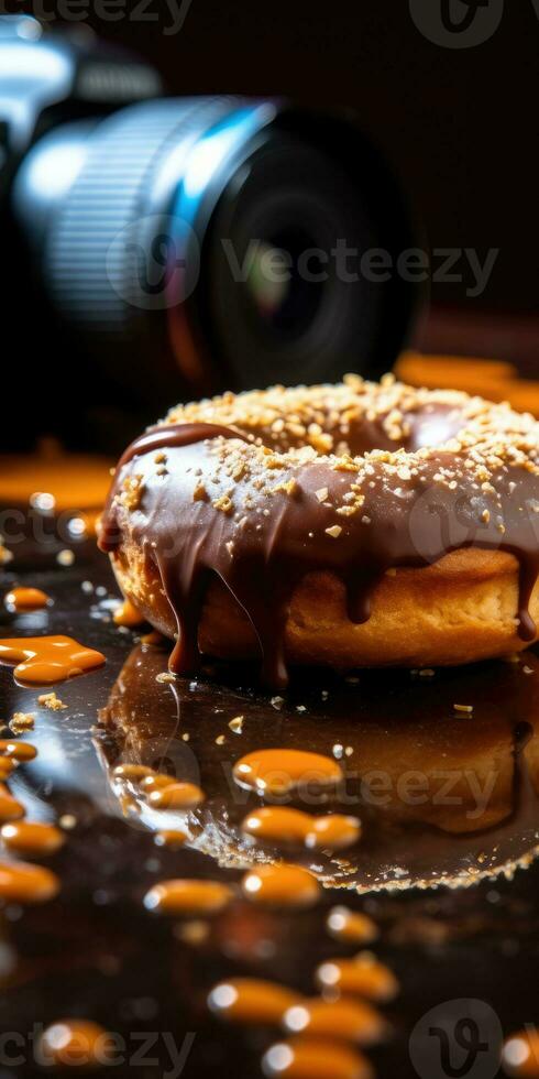 Chocolate dripping donut appetizing mouth watering delicious, AI Generated photo