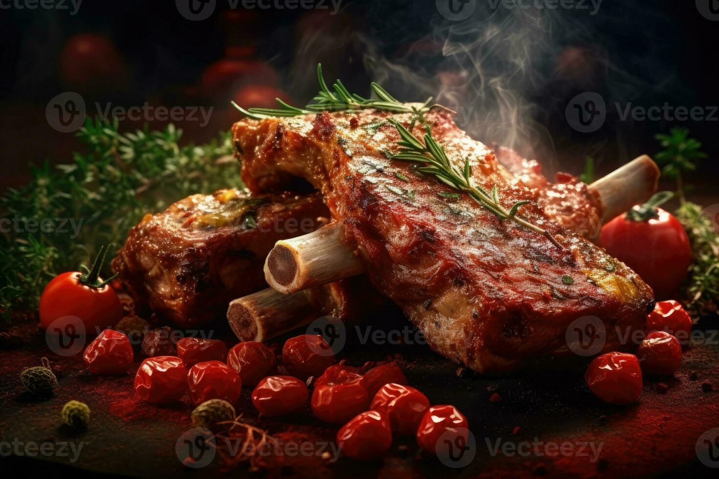 A stack of Lamb Ribs meat with smoke and pepper on the side ready to eat photo