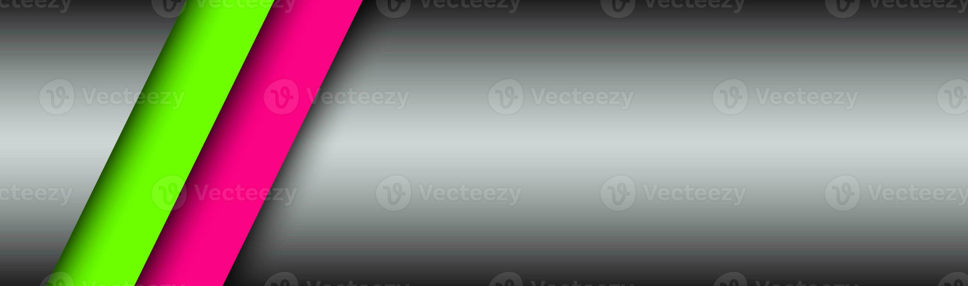 Abstract banner with two bright stripes, pink and green oblique lines. Grey creative vector header photo