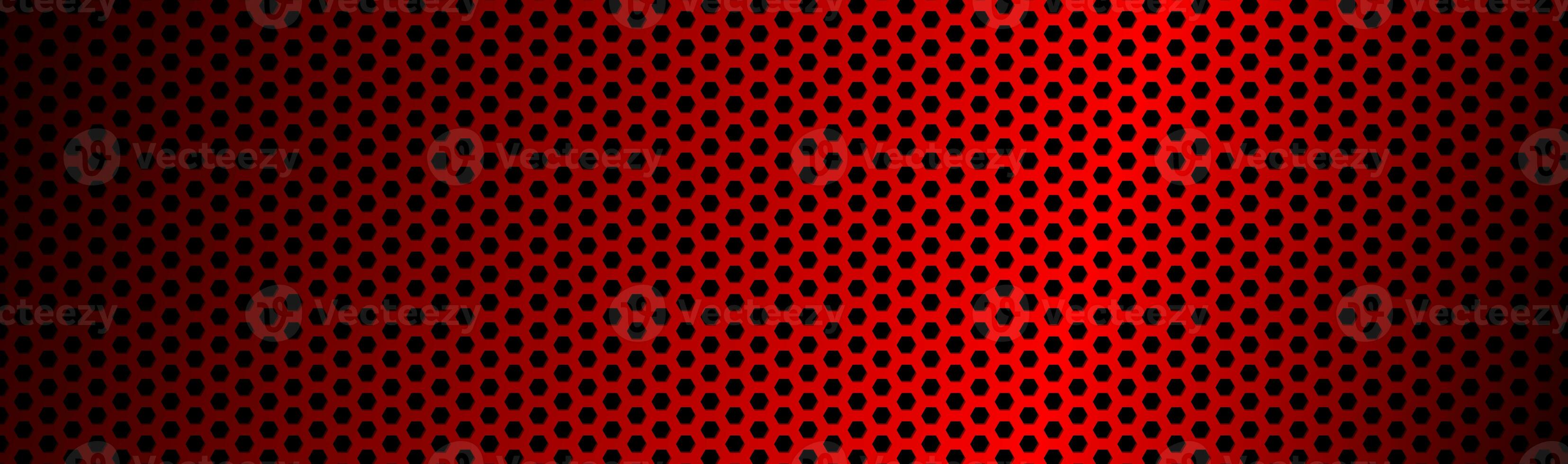 Abstract dark red geometric hexagonal mesh material header. Perforated metallic technology banner. Vector abstract widescreen background photo