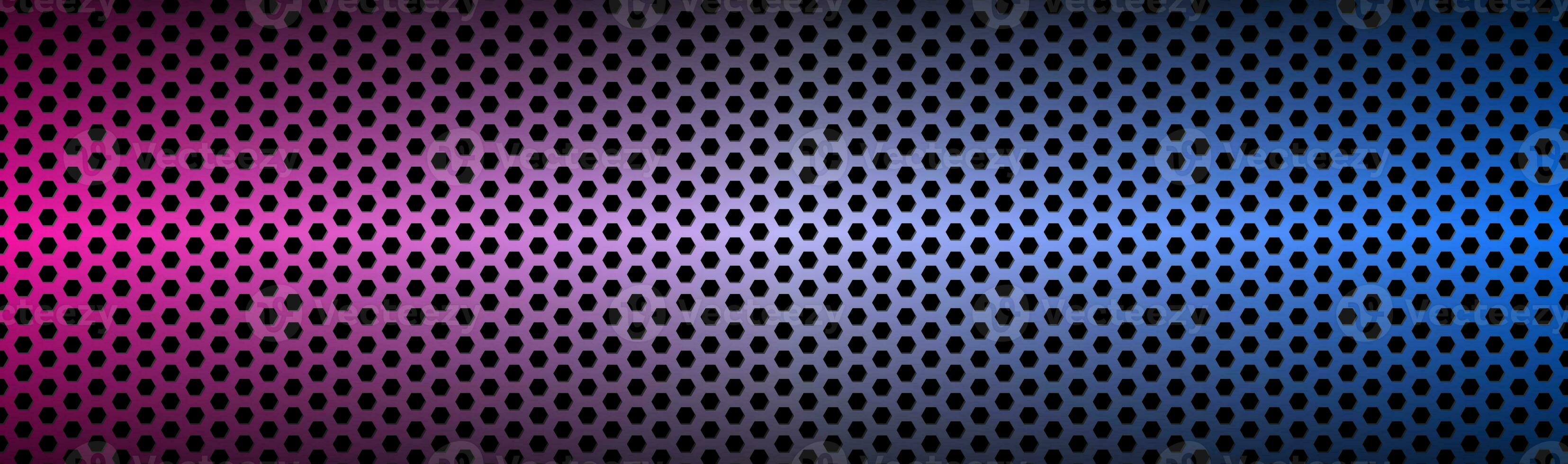 Abstract blue and purple neon geometric hexagonal mesh material header. Perforated metallic technology banner. Vector abstract widescreen background photo