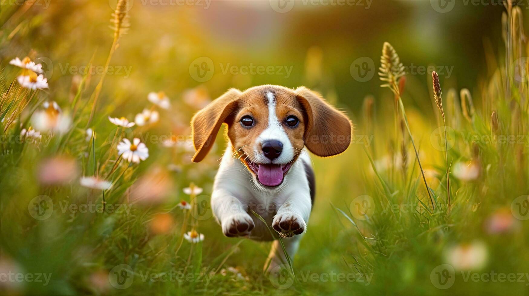Animal. Cute dog Beagle running in the grass. Pets. Generative AI photo