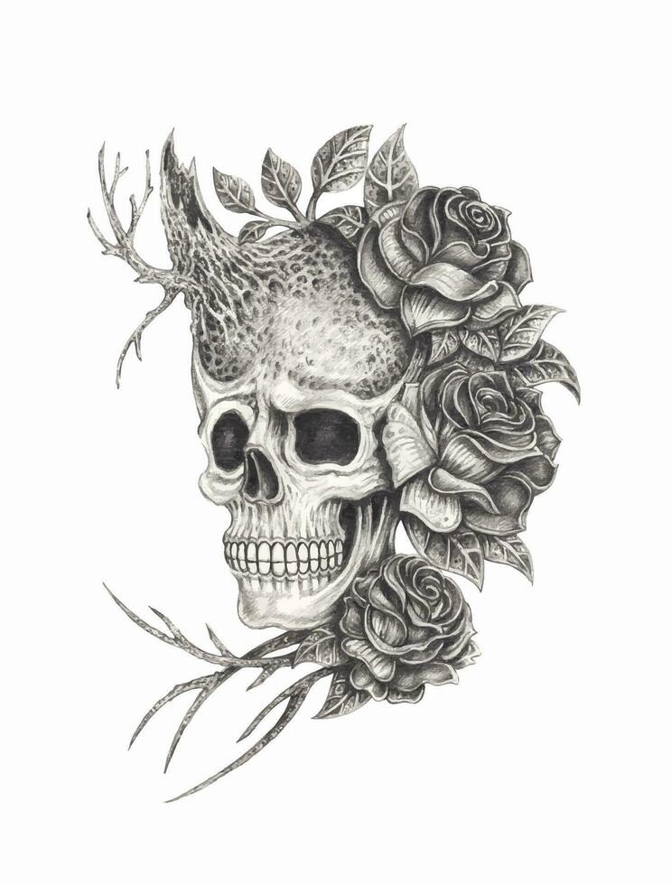 Art surreal skull hand drawing on paper make graphic vector. vector