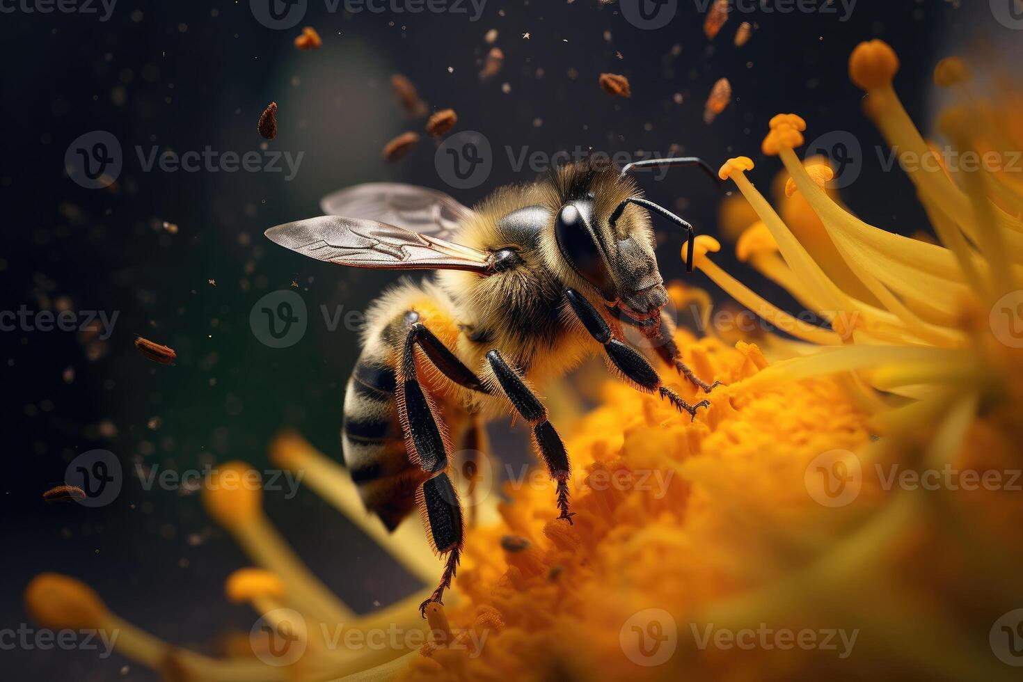 A bee with yellow flower pollen explosion. Bees are bringing pollen