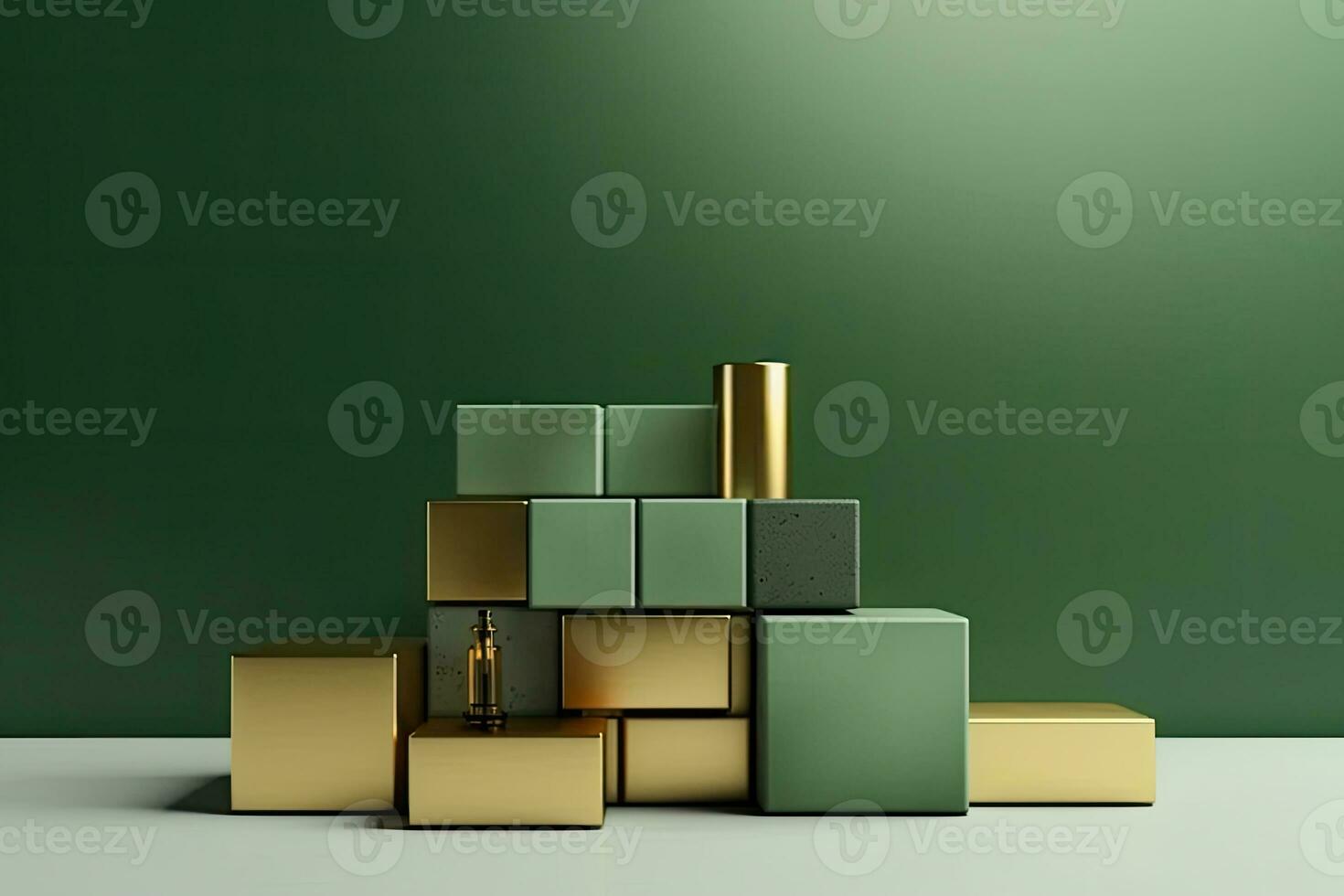 A stack of green and gold colored podiums with a red and yellow background photo