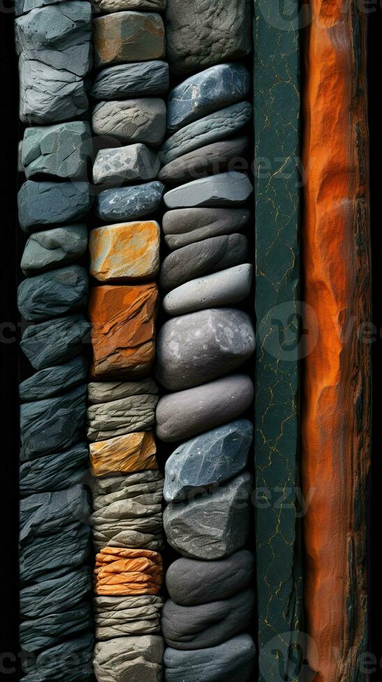 A collection of different colored stones including one that is made of stone photo