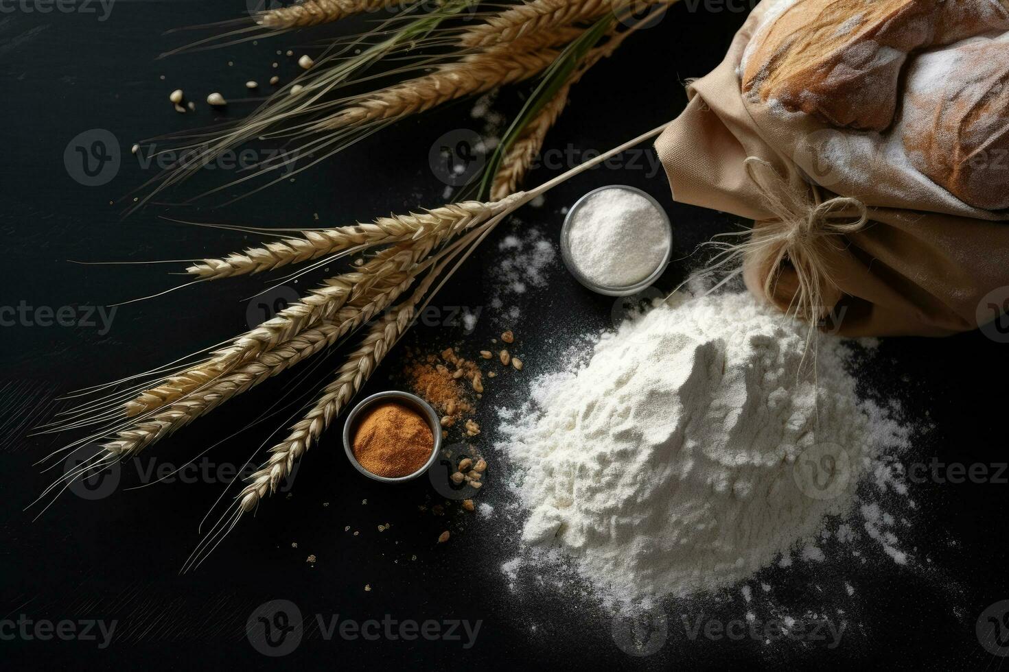 Grain sprinkled flour sits on a table next to a bowl of wheat and a bowl of oats photo
