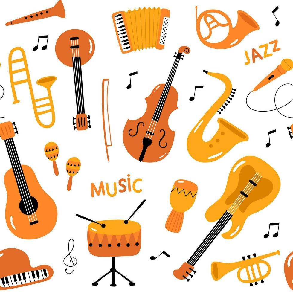 sin costura modelo con musical instrumentos en dibujos animados estilo. vector ilustración